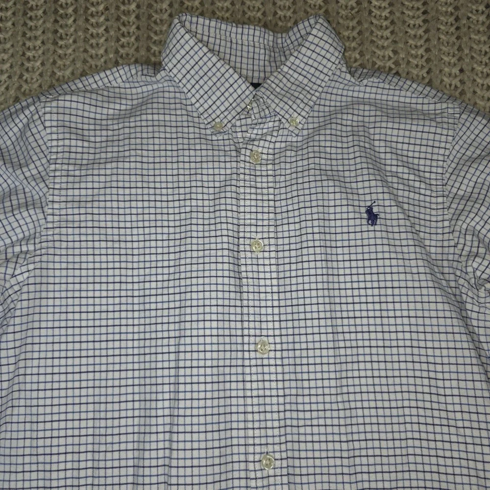 Ralph Lauren Button up Shirt Boys Youth 18 Checked Plaid White Blue 100% cotton